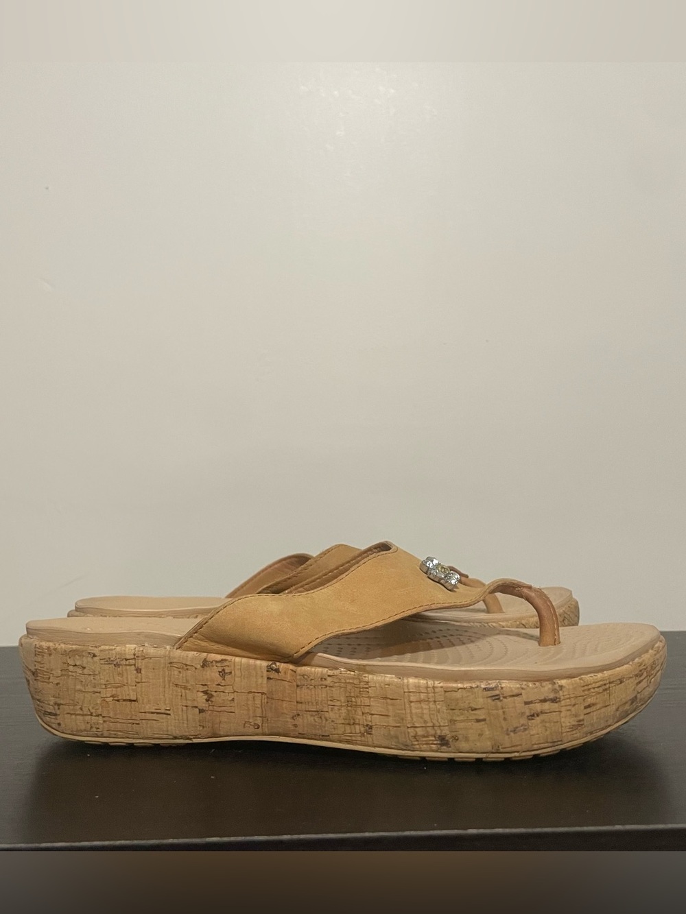 CROCS Tan Cork Wedge Thong Sandals with Rhinestone Accent | Womens Sz 9